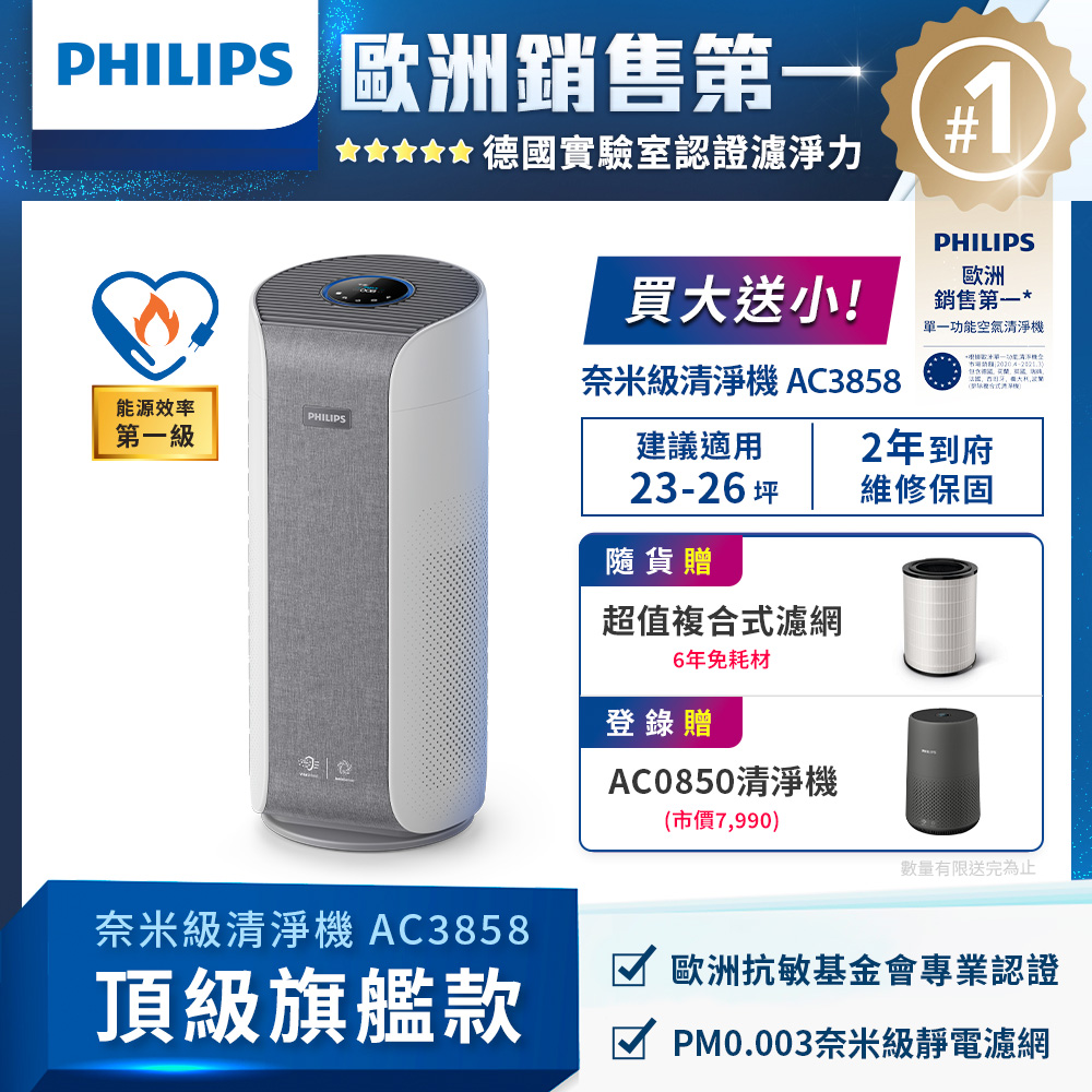 【飛利浦 PHILIPS】奈米級空氣清淨機 AC3858