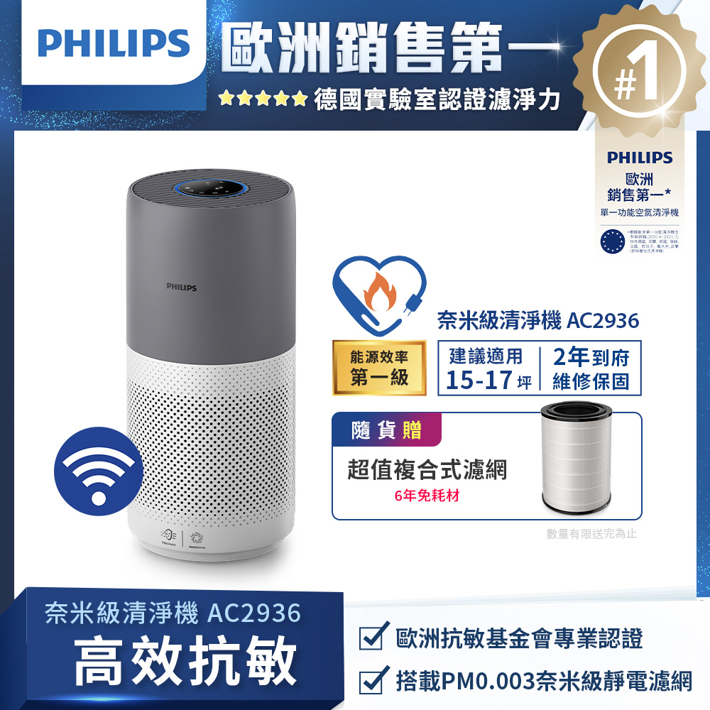 PHILIPS 飛利浦 奈米級空氣清淨機-360度高效過濾★適用17坪(AC2936)