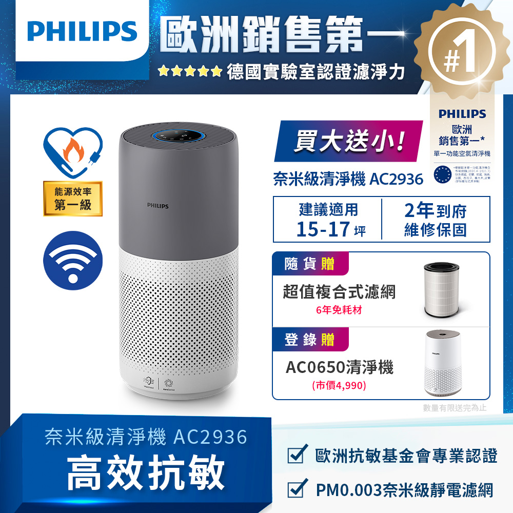 【飛利浦 PHILIPS】奈米級空氣清淨機 AC2936 登錄買大送小方案