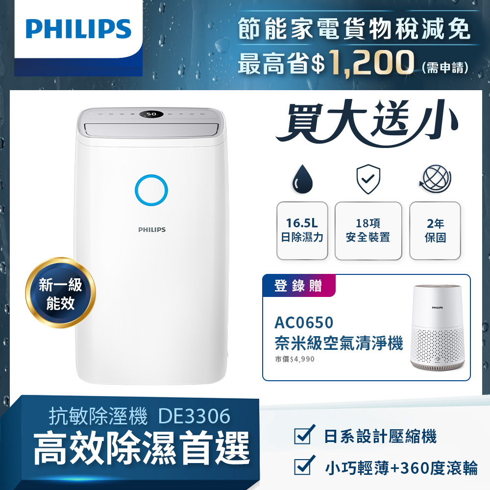 PHILIPS 飛利浦 16.5L抗敏除濕機-灰色 (DE3306/81)