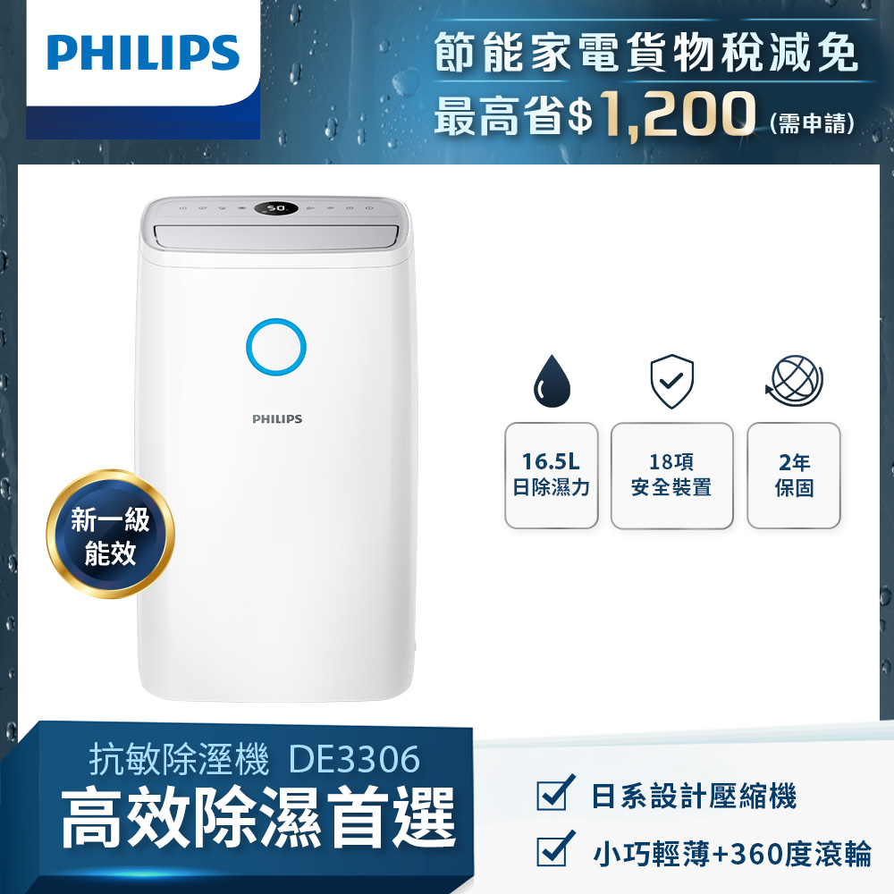 PHILIPS 飛利浦 16.5L抗敏除濕機-灰色 (DE3306/81)