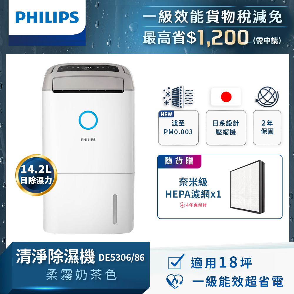 PHILIPS 飛利浦 14.2L抗敏清淨除濕機-柔霧奶茶 (DE5306/86)