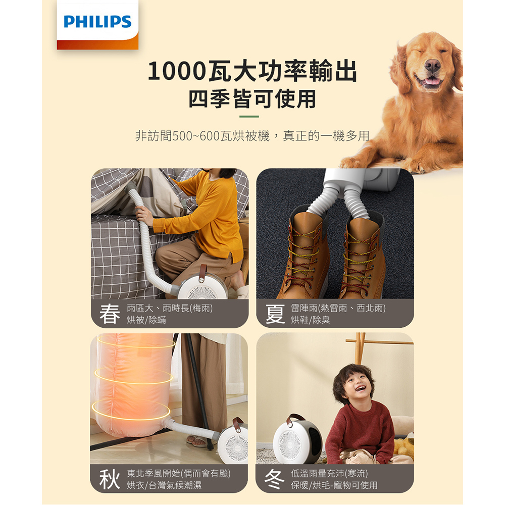 PHILIPS 飛利浦 多功能 1000W 烘鞋 烘被 烘衣 暖風機/陶磁電暖器(AHR3124FM)