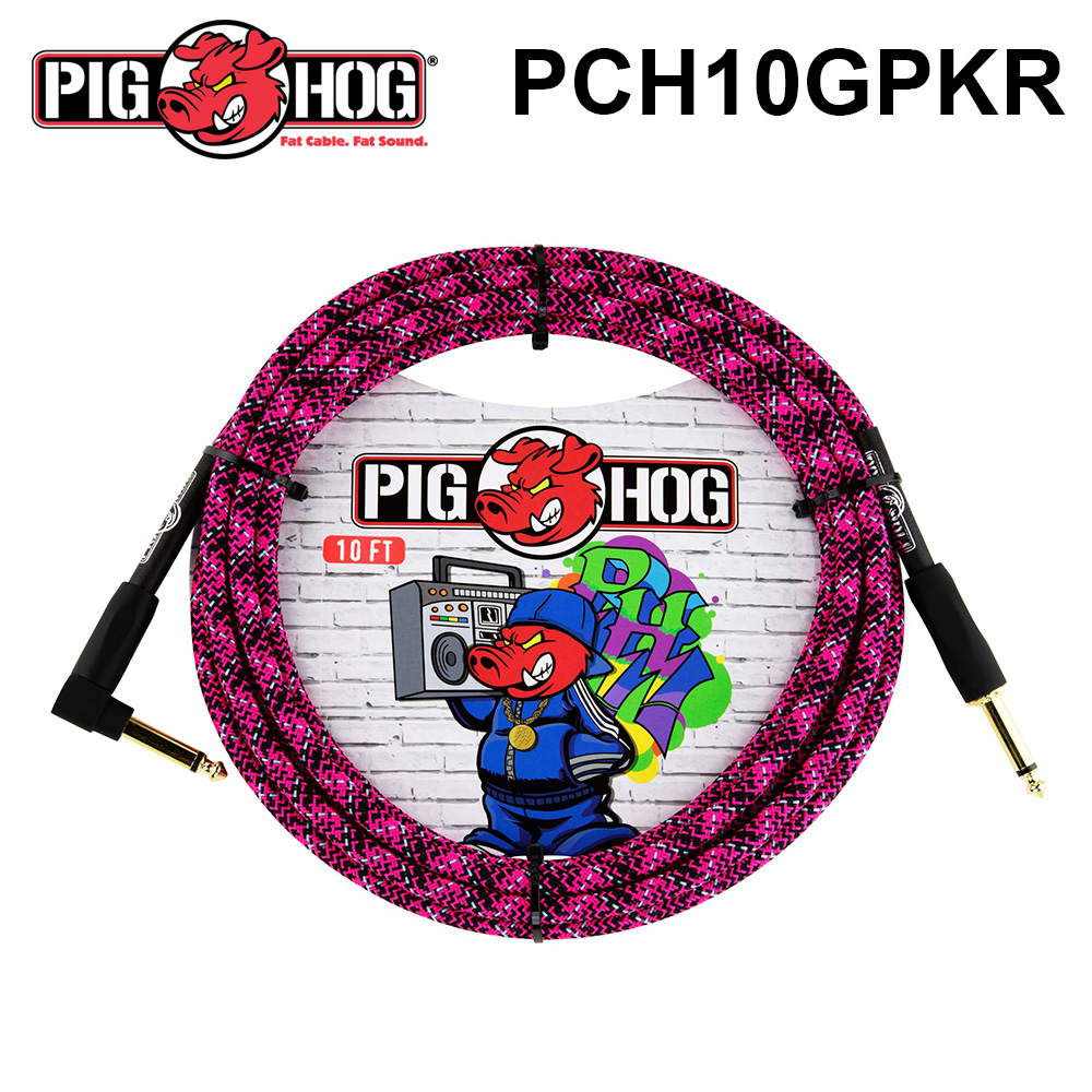 PIG HOG 編織款 樂器導線 10FT 直L頭 (PCH10GPKR) 公司貨 粉紅塗鴉