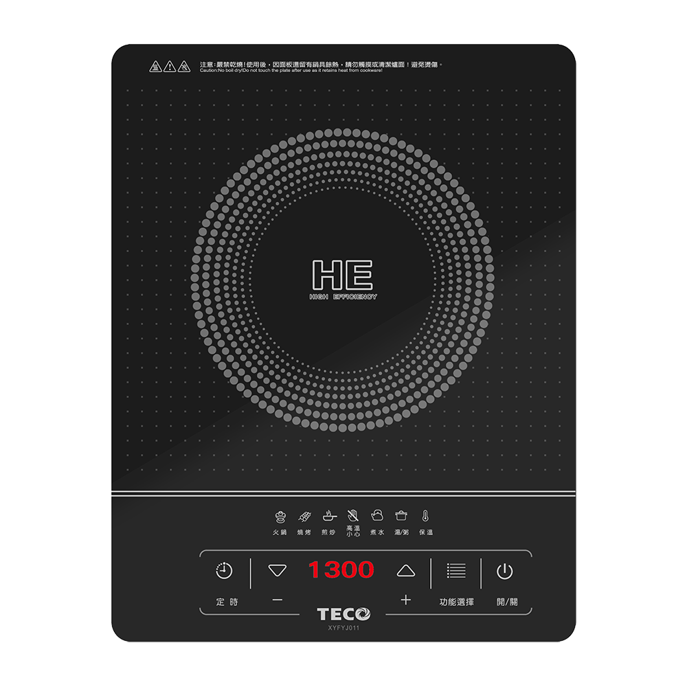 TECO東元 XYFYJ011 電陶爐,黑色系設計,適合現代廚房使用。產地中國,電壓100V、頻率60Hz,消耗功率1200W以上,提供快速加熱。產品重量僅2.1Kg,電源線長100cm,便於攜帶與操作。BSMI許可字號R32288,品質保證,享有1年保固。理想的電陶爐選擇,提升烹飪效率! TECO東元 XYFYJ011