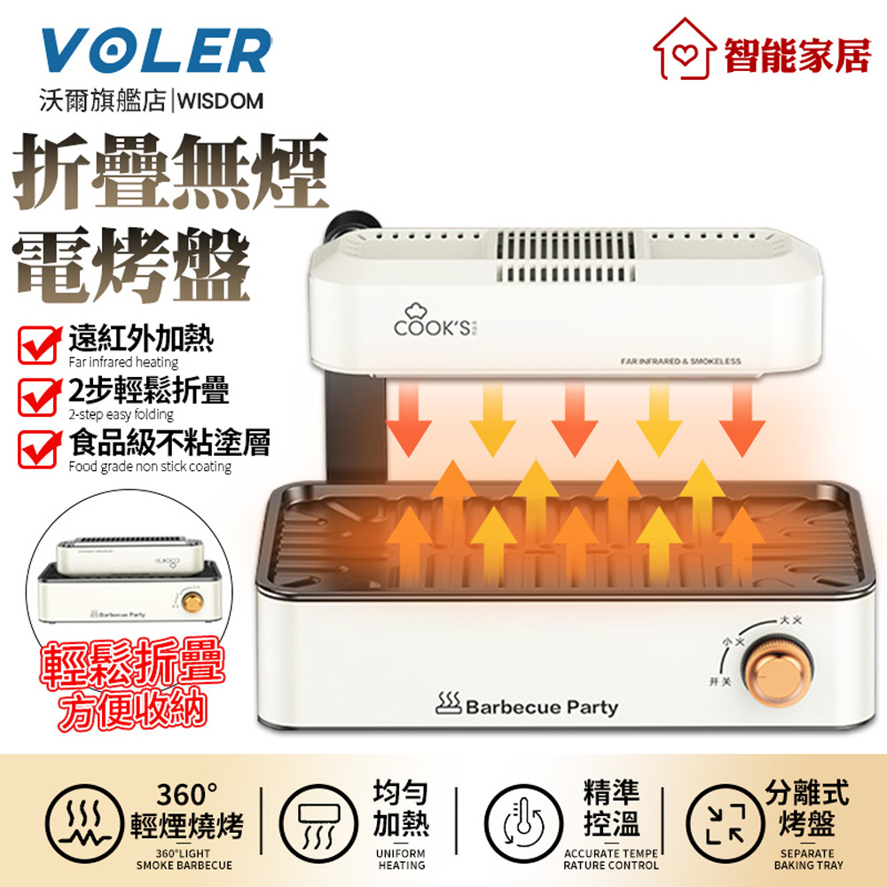 【沃爾VOLER】燒烤爐 烤肉機 電烤爐 便攜折疊烤盤機 家用無煙電烤盤 紅外線恆溫不粘鍋烤肉機