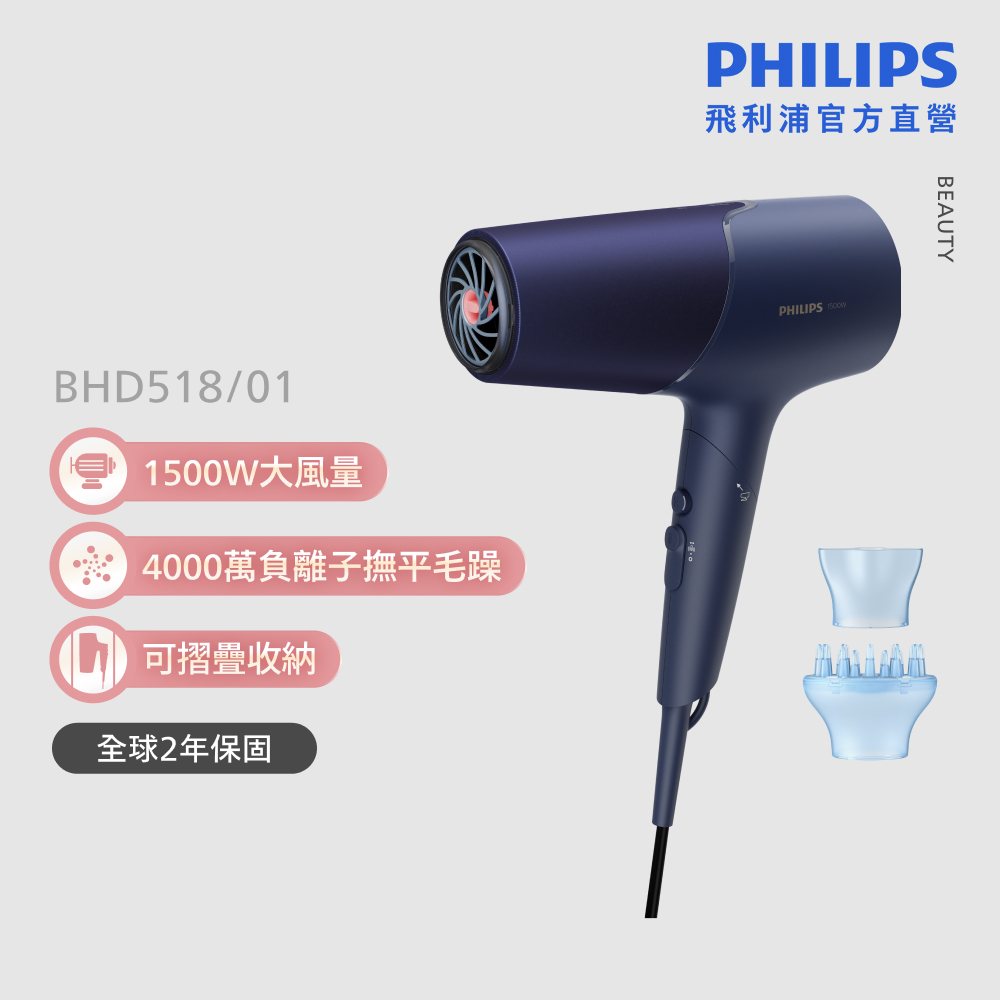  飛利浦 BHD518 吹風機採用負離子技術，溫控系統精準護髮，輕巧可折疊設計便於攜帶。1500W強勁功率，三段溫度兩段風速調整，適合日常造型與烘乾。配件包含集中吹嘴與烘罩器，黑色系時尚外觀，重量僅970g（含盒），110V電壓適用臺灣。享2年保固，BSMI認證R33048 RoHS，專業護理讓秀髮光澤柔順。 