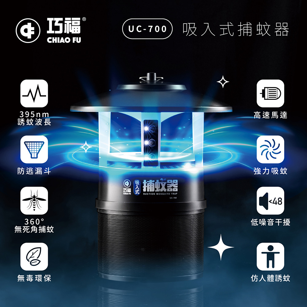 巧福 吸入式捕蚊器 IPX4防潑水 首創誘餌+黏蚊紙 (無腳架) UC-700