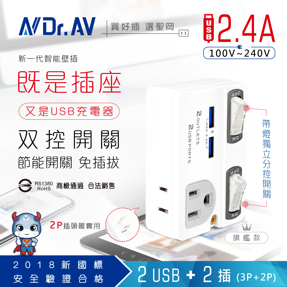【N Dr.AV聖岡科技】TNT-863U 2USB+2插節能分接插座 USB 充電器 分接器