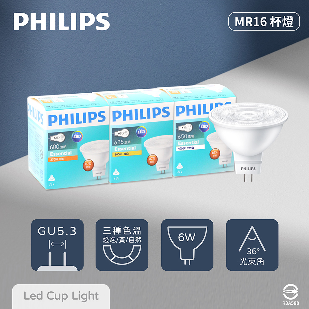【PHILIPS飛利浦】【4入組】LED 6W 燈泡色 黃光 自然光 36度 全電壓 MR16 免壓杯燈