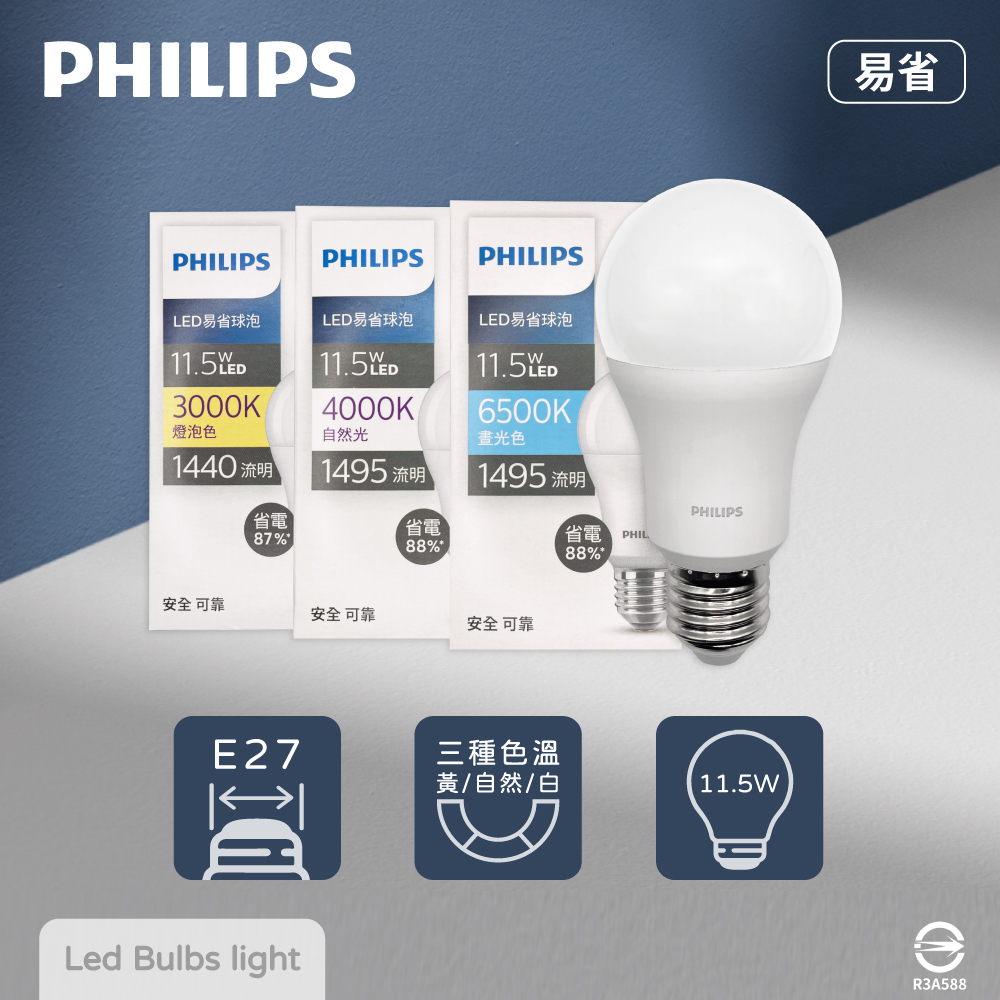 【飛利浦 PHILIPS】【4入組】易省 LED燈泡 11.5W E27 全電壓 LED 球泡燈 【2024年最新款】