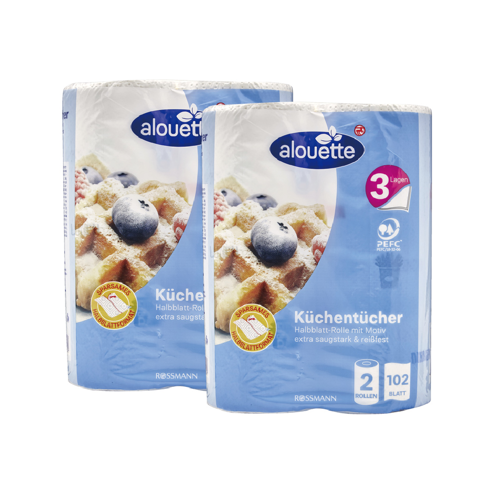 (2袋)德國Rossmann-Alouette廚房乾濕兩用三層加厚多用途紙巾102片x2捲/袋