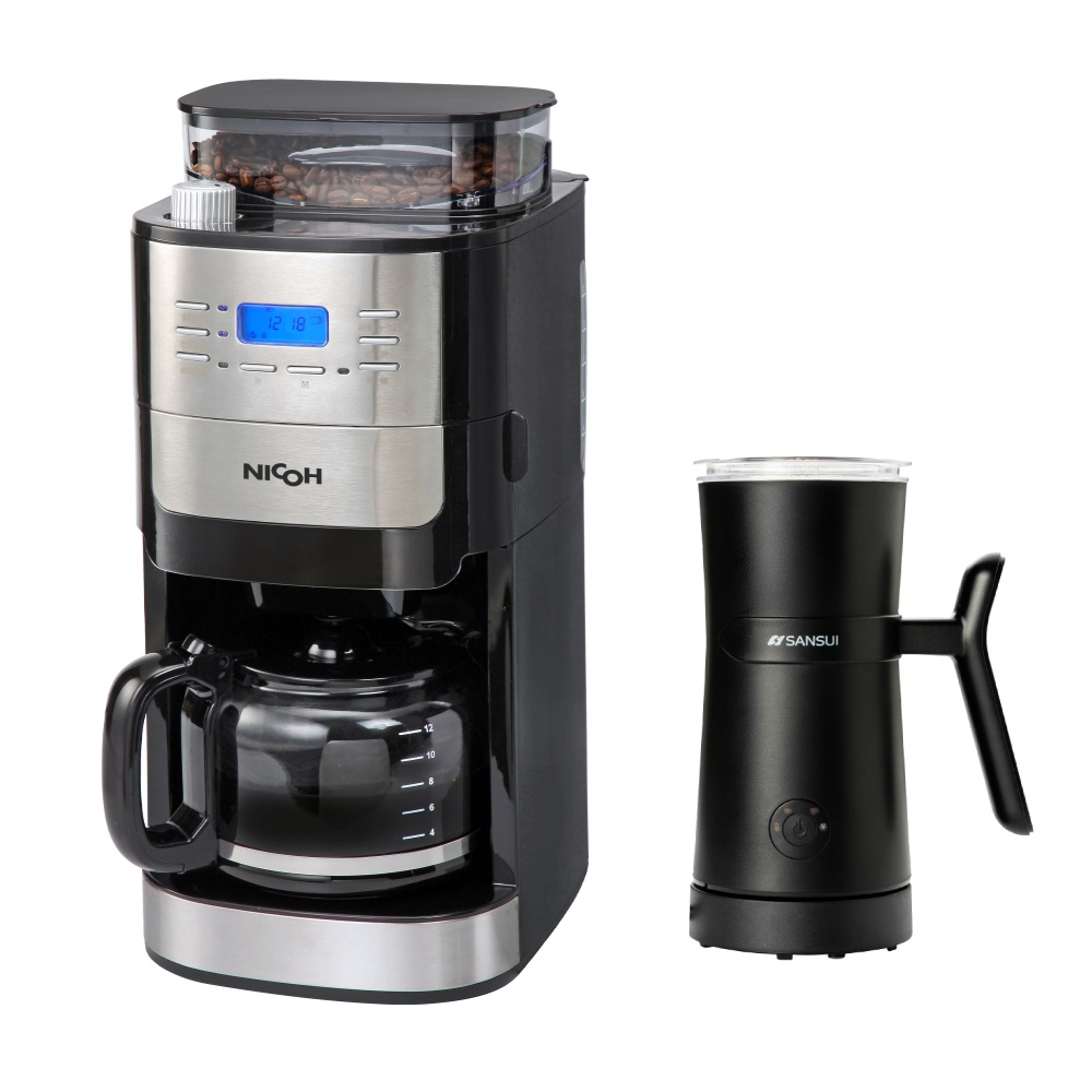 日本NICOH美式自動錐刀研磨咖啡機+冷熱兩用分離式電動奶泡機