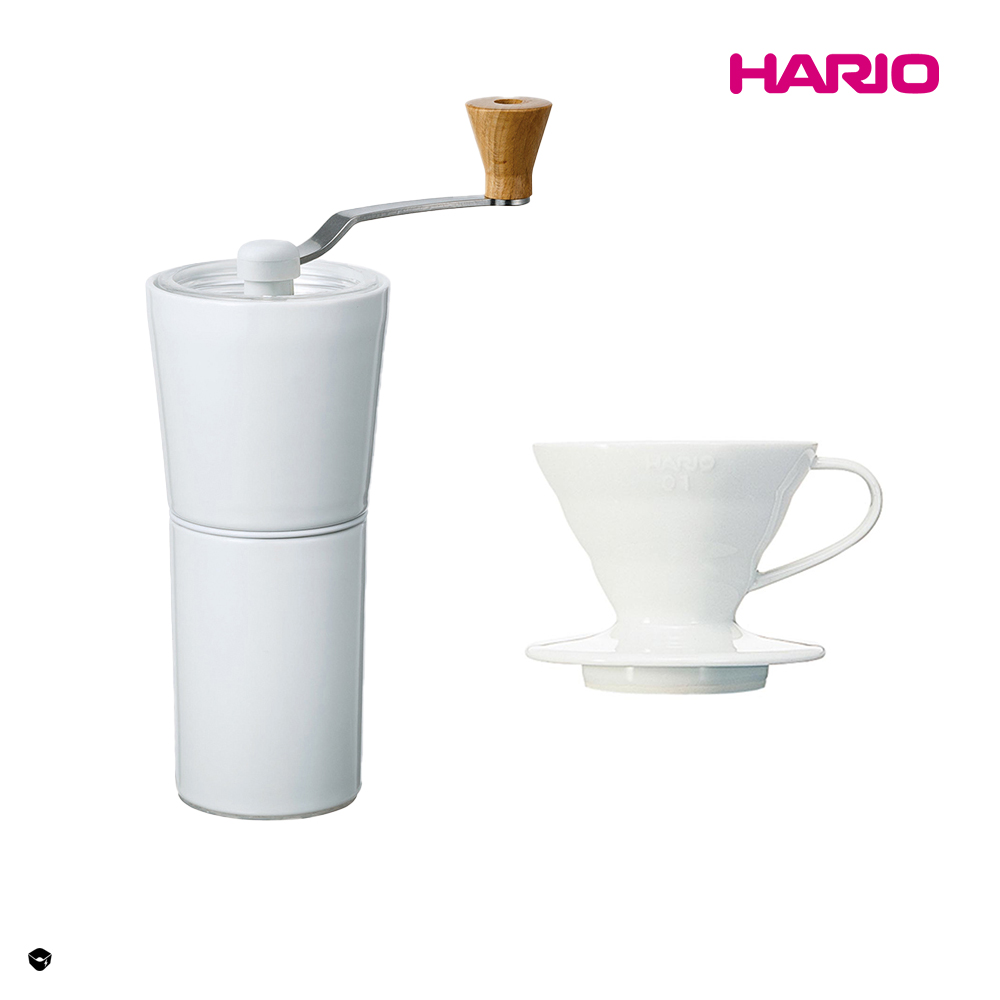 【HARIO官方】HARIO 純白系列 V60 簡約磁石手搖磨豆機-白色 + V60白色01磁石濾杯