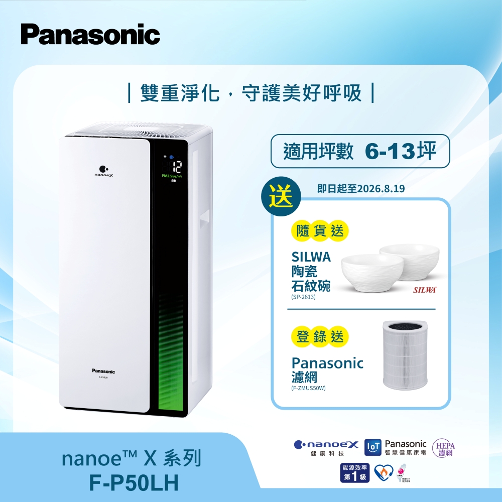 Panasonic國際牌 F-P50LH 空氣清淨機，搭載HEPA濾網與活性碳濾網，有效過濾PM2.5與異味，適用6-13坪空間。機身尺寸高600x寬280x深305mm，重量僅7.2kg，噪音低至23dB，電源110V/60Hz，消耗電功率6-22W，第一級能源效率，臺灣生產，保固1年，BSMI R73023認證。圓筒狀濾網設計，配件含說明書，適閤家庭辦公室使用，提升空氣品質。