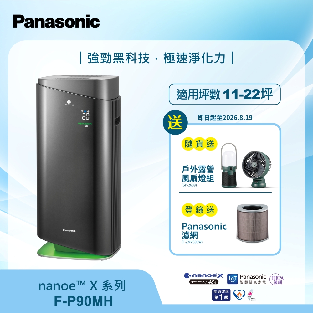 Panasonic 國際牌 nanoeX 18坪空氣清淨機 黑 F-P90MH