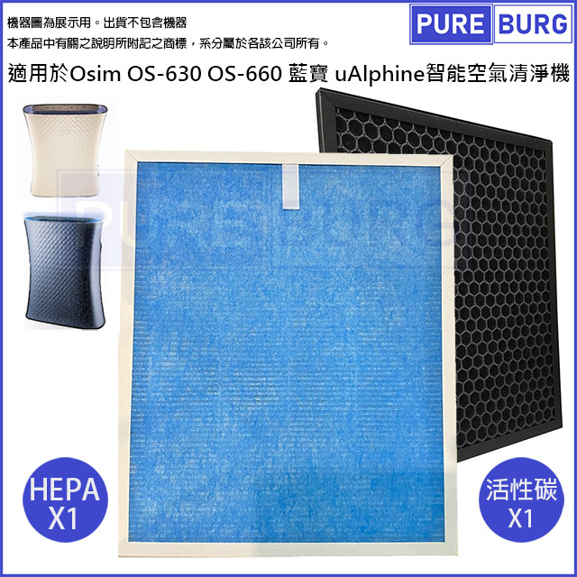 適用於Osim OS-630 OS-660 藍寶uAlphine智慧空氣清淨機HEPA+活性碳濾網濾芯組