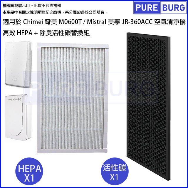 適用於Chimei奇美M0600T Mistral美寧JR-360ACC空氣清淨機替換用高效HEPA+除臭活性碳濾網心組