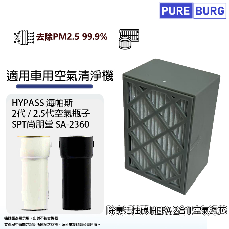 適用HYPASS海帕斯2代/2.5代空氣瓶子SPT尚朋堂SA-2360車用空氣清淨機活性碳HEPA濾網濾芯