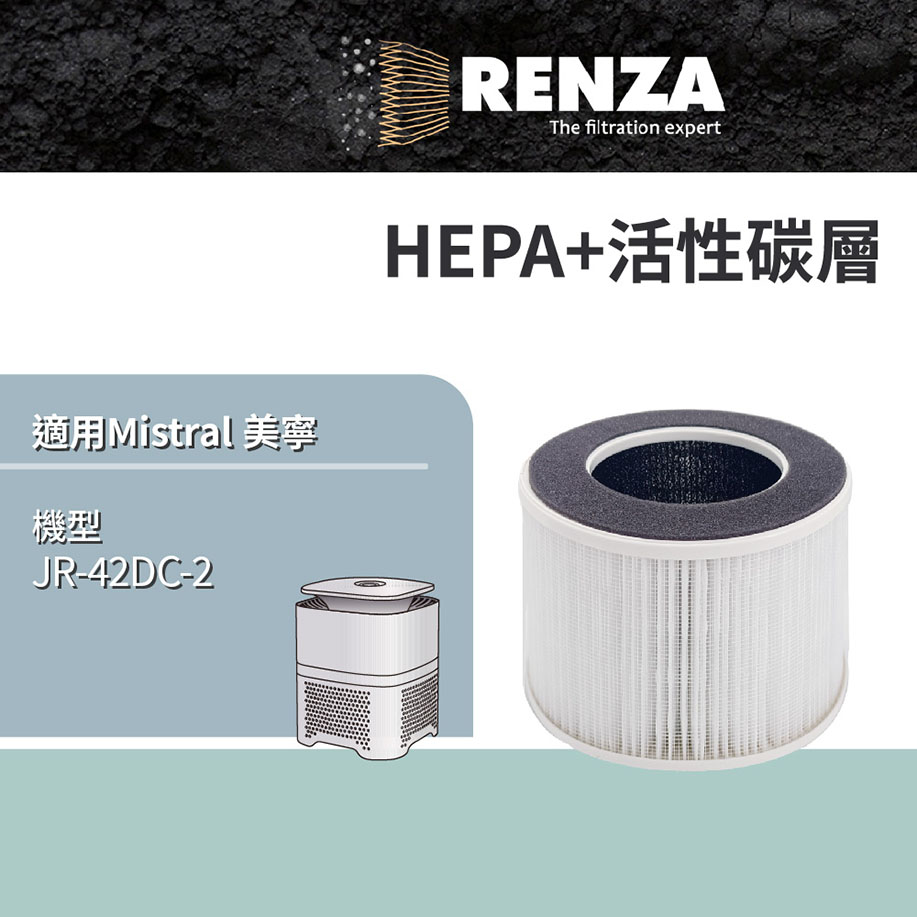 RENZA適用美寧 JR-42DC 輕巧型負離子空氣清淨機高效HEPA+活性碳二合一濾網 替換 JR-42DC-2濾網組