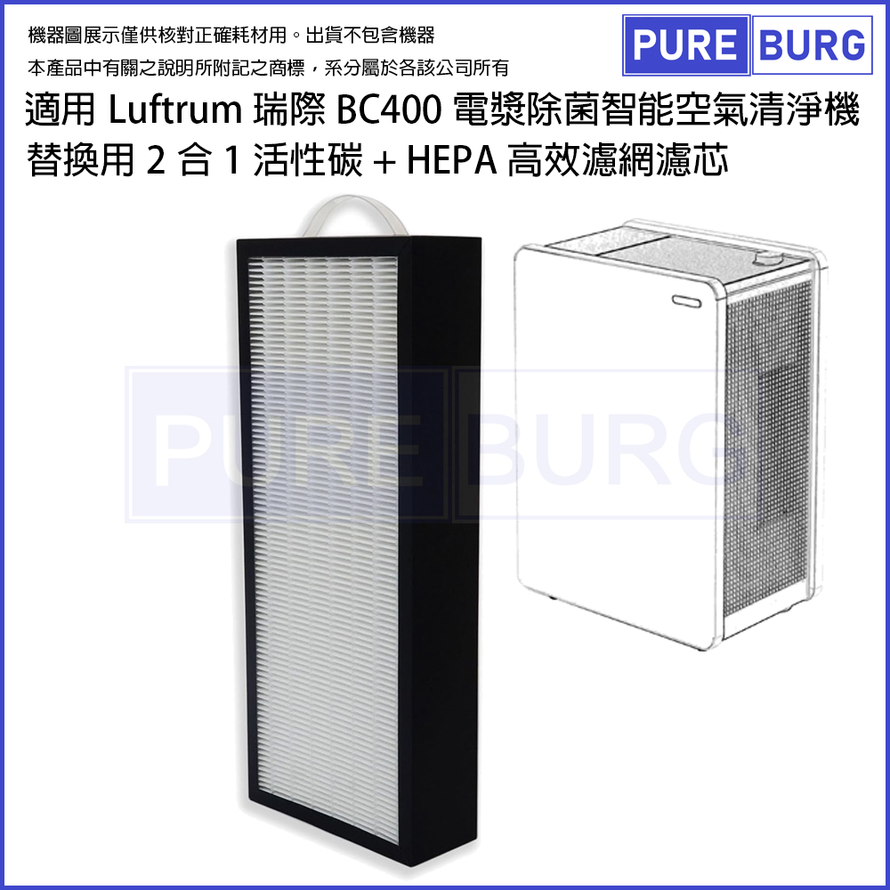 適用Luftrum 瑞際BC400電漿除菌智能空氣清淨機替換用2合1活性碳 + HEPA高效濾網濾芯