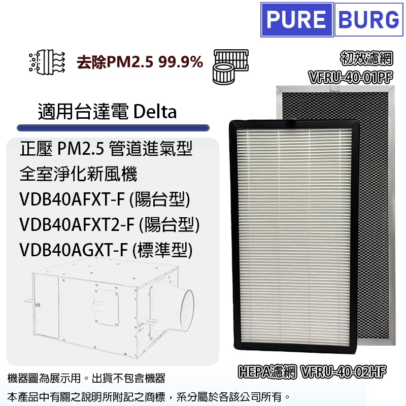 適用臺達電Delta VDB40AGXT VDB40AFXT2-F正壓PM2.5管道進氣型全室淨化新風機HEPA濾網芯組VFRU-40-02HF
