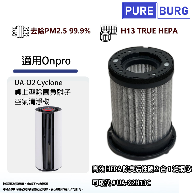 適用Onpro UA-O2 Cyclone桌上型除菌負離子空氣清淨機高效2合1活性碳+HEPA空氣濾網濾芯 UA-O2H13C