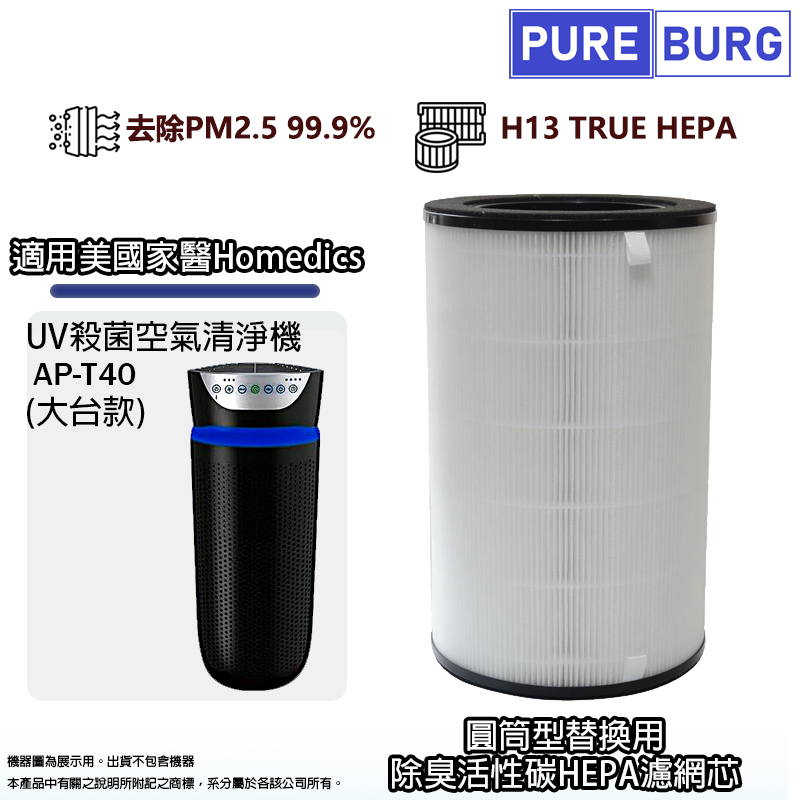 適用美國家醫Homedics AP-T40 UV殺菌空氣清淨機2合1高效活性碳+HEPA濾網濾芯AP-T40FL