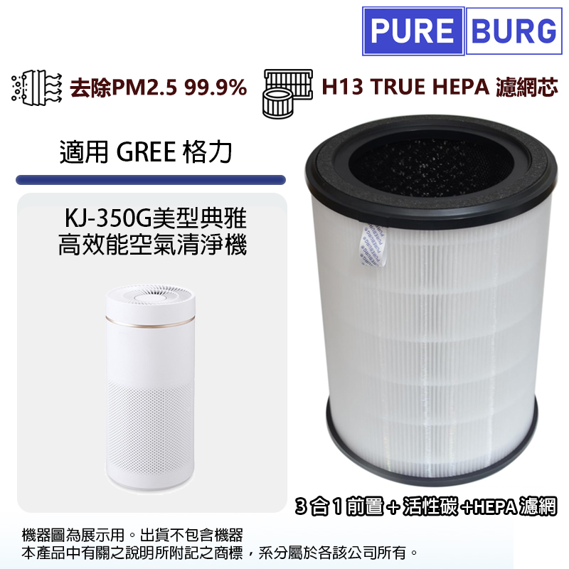 適用GREE 格力KJ-350G美型典雅高效空氣清淨機替換用3合1前置+活性碳+HEPA濾網濾芯