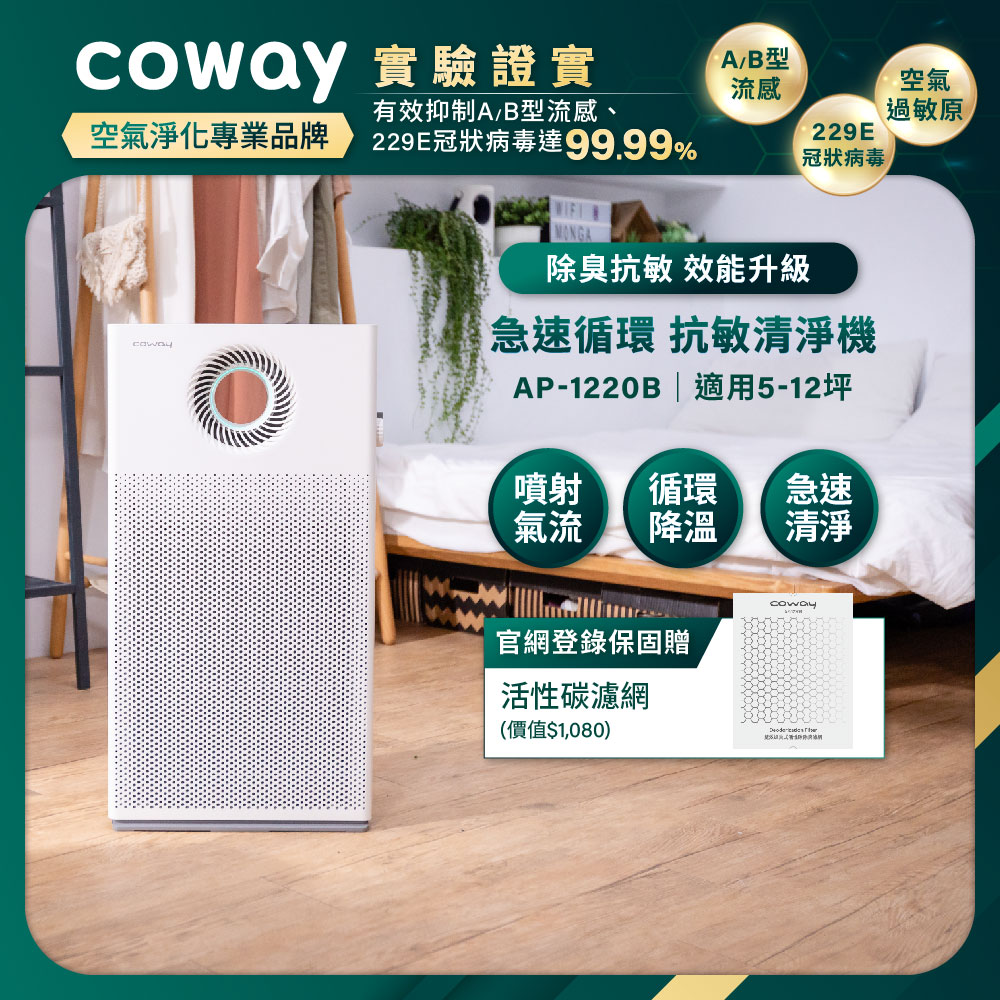 Coway 5-12坪 急速循環空氣清淨機 AP-1220B(官網登錄保固贈活性碳濾網)