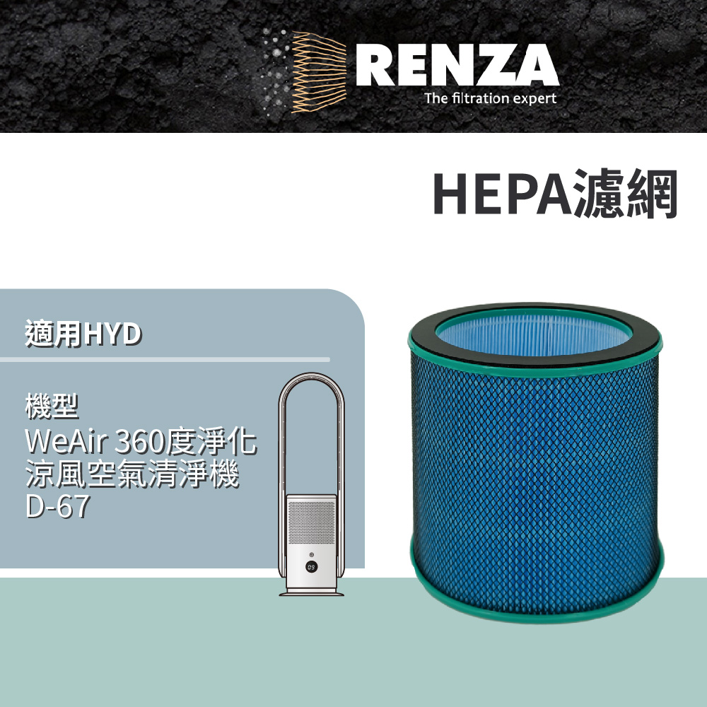 RENZA 濾網 適用 輝葉 HYD WeAir 360度淨化涼風空氣清淨機 D-67 高效HEPA濾網