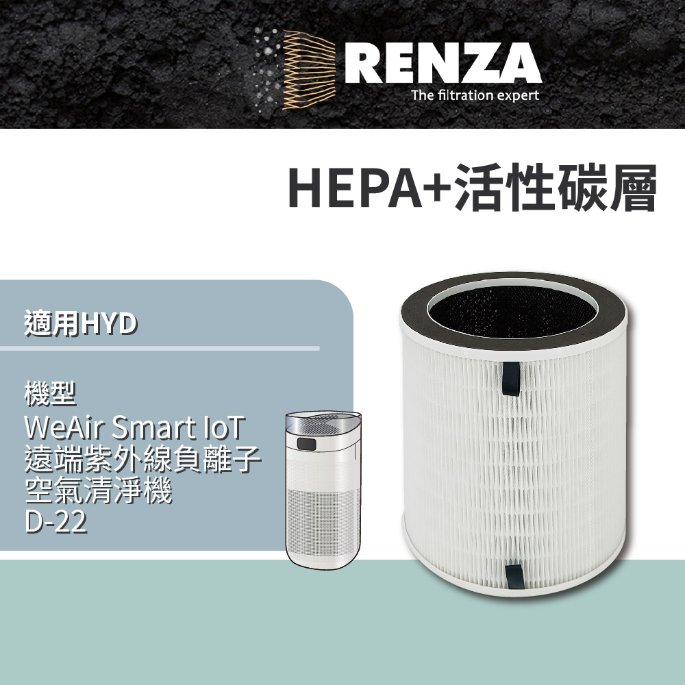 RENZA適用 HYD WeAir Smart IoT遠端紫外線負離子空氣清淨機 D-22 HEPA活性碳二合一濾網