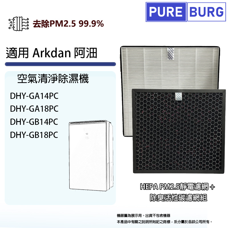 適用Arkdan阿沺DHY-GA14PC DHY-GA18PC DHY-GB14PC DHY-GB18PC空氣清淨除濕機活性碳+HEPA濾網芯組