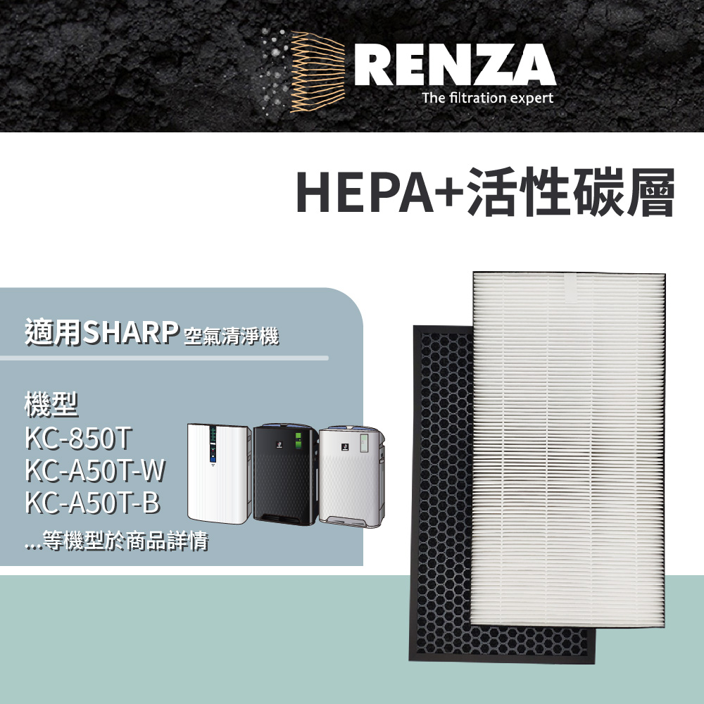 RENZA濾網 適用夏普 SHARP KC-850T KC-850T-W 空氣清淨機 HEPA+活性碳濾網組