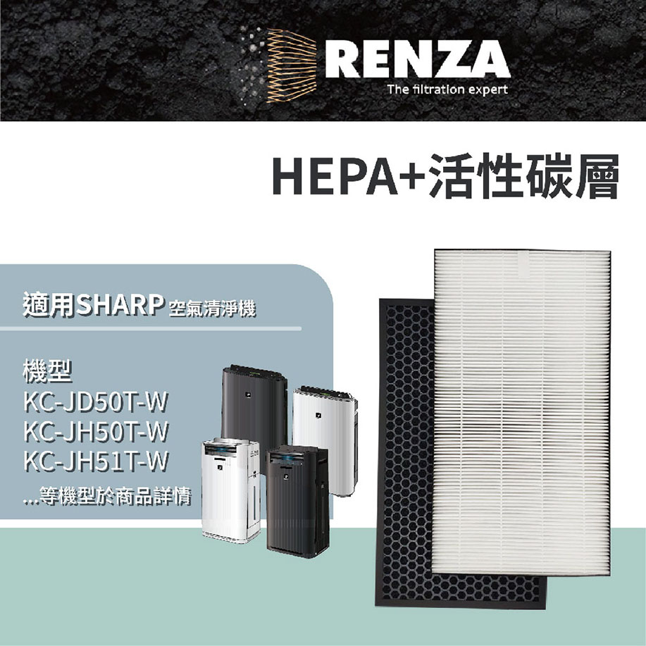 RENZA HEPA加活性碳 適配Sharp 夏普 空氣清淨機濾芯 FZ-D50HF/FZ-D50DF 適用KC-JD50T