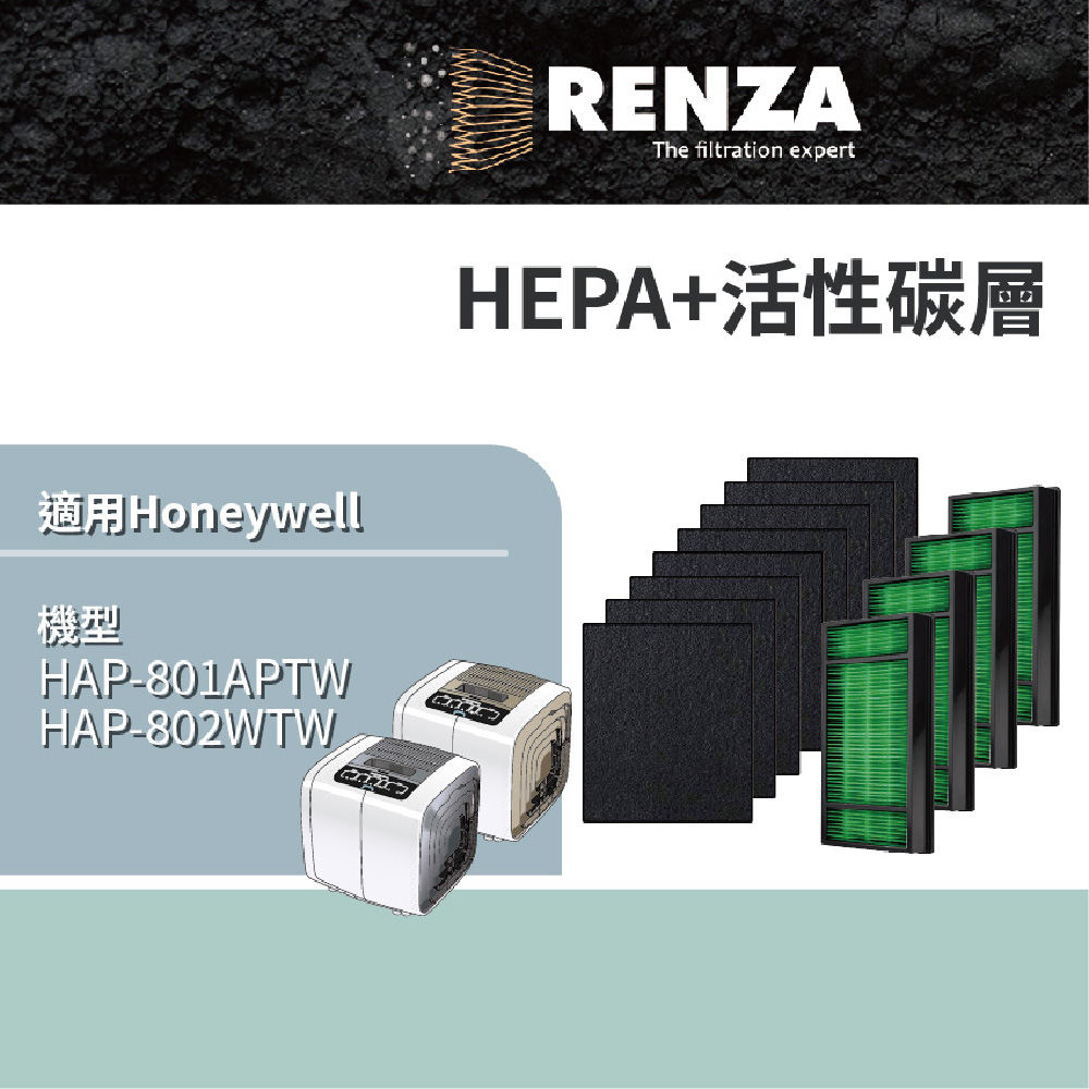 RENZA 適用Honeywell HAP-801APTW HAP-802APTW HEPA加活性碳濾網 抗菌版 一年份裝