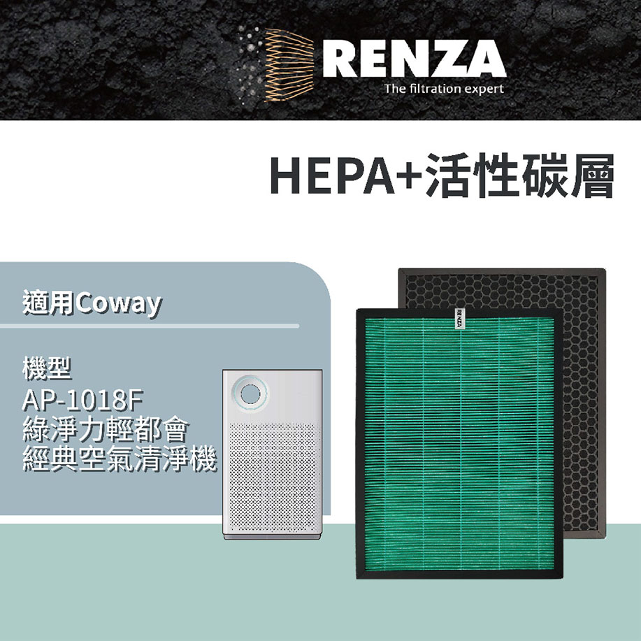 RENZA 濾網 適用 Coway 綠淨力輕都會經典空氣清淨機 AP-1018F HEPA+活性碳 濾心耗材