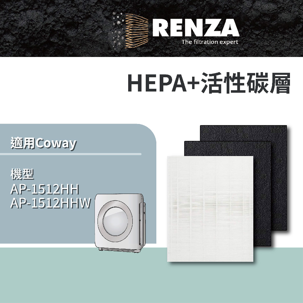 RENZA濾網 適用Coway AP-1512HH AP-1512HHW 可替換原廠3304899 HEPA+活性碳濾網