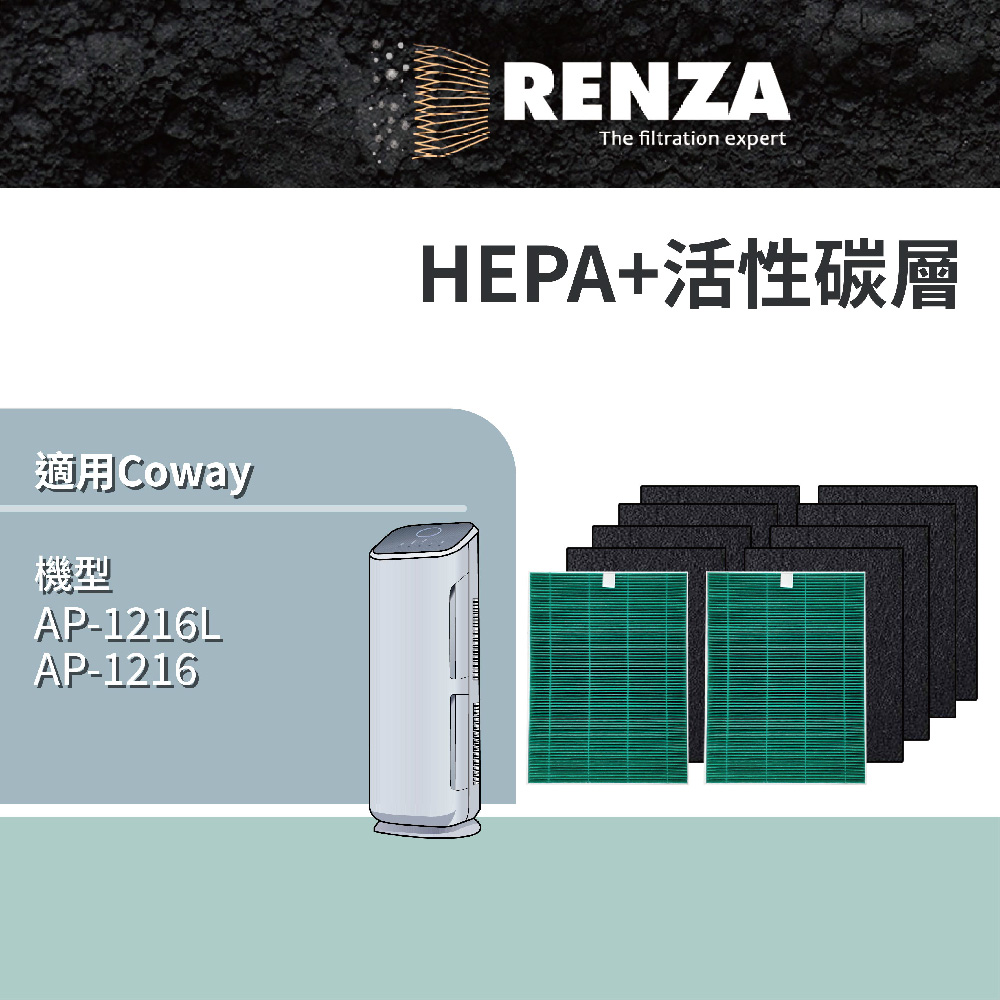 適用Coway AP-1216 AP-1216L 抗菌高效2片HEPA+8片活性碳網 兩年份超值包 可替換3103430