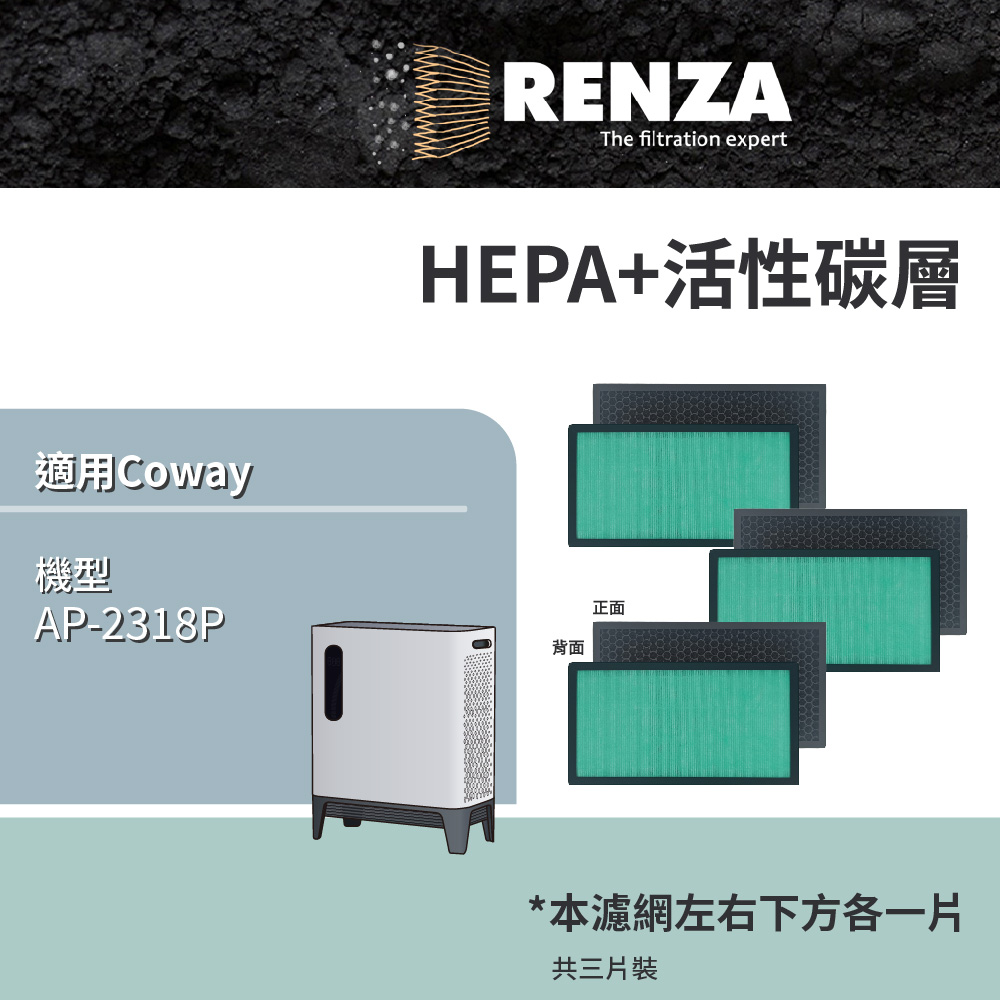 RENZA濾網 適用 Coway AP-2318P 綠淨力三重防禦空氣清淨機 高效抗菌HEPA+活性碳濾網
