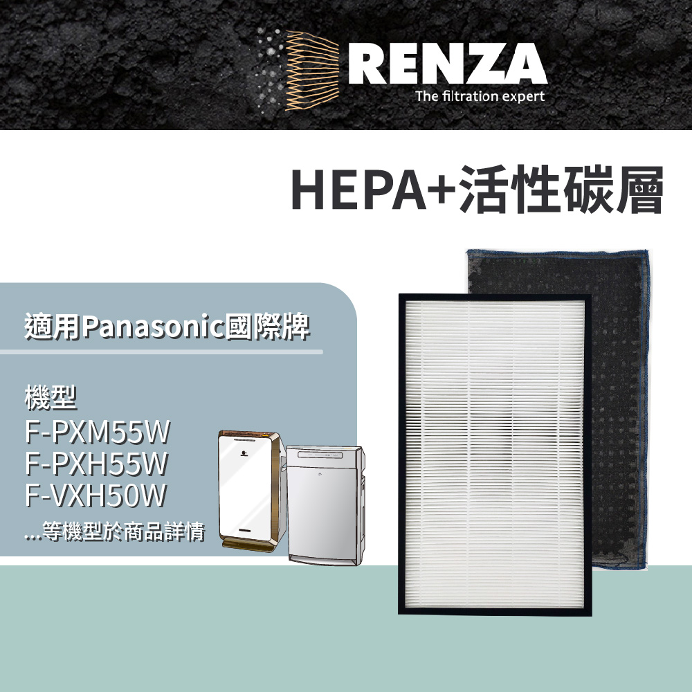 RENZA HEPA加活性碳 適配Panasonic 空氣清淨機濾芯 F-PXM55W 可替換F-ZXHD55W F-ZXMP55W