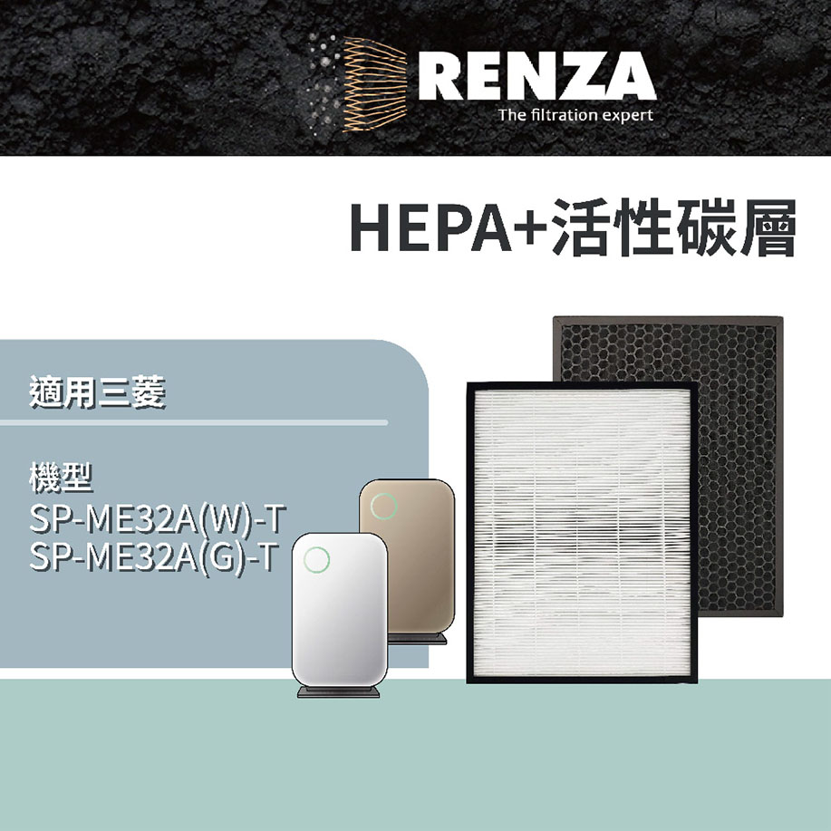 RENZA 適用 三菱重工 SP-ME32A 智慧感應空氣清淨機 HEPA 活性碳 濾網 替代FHS-32E1 FMS-32E1