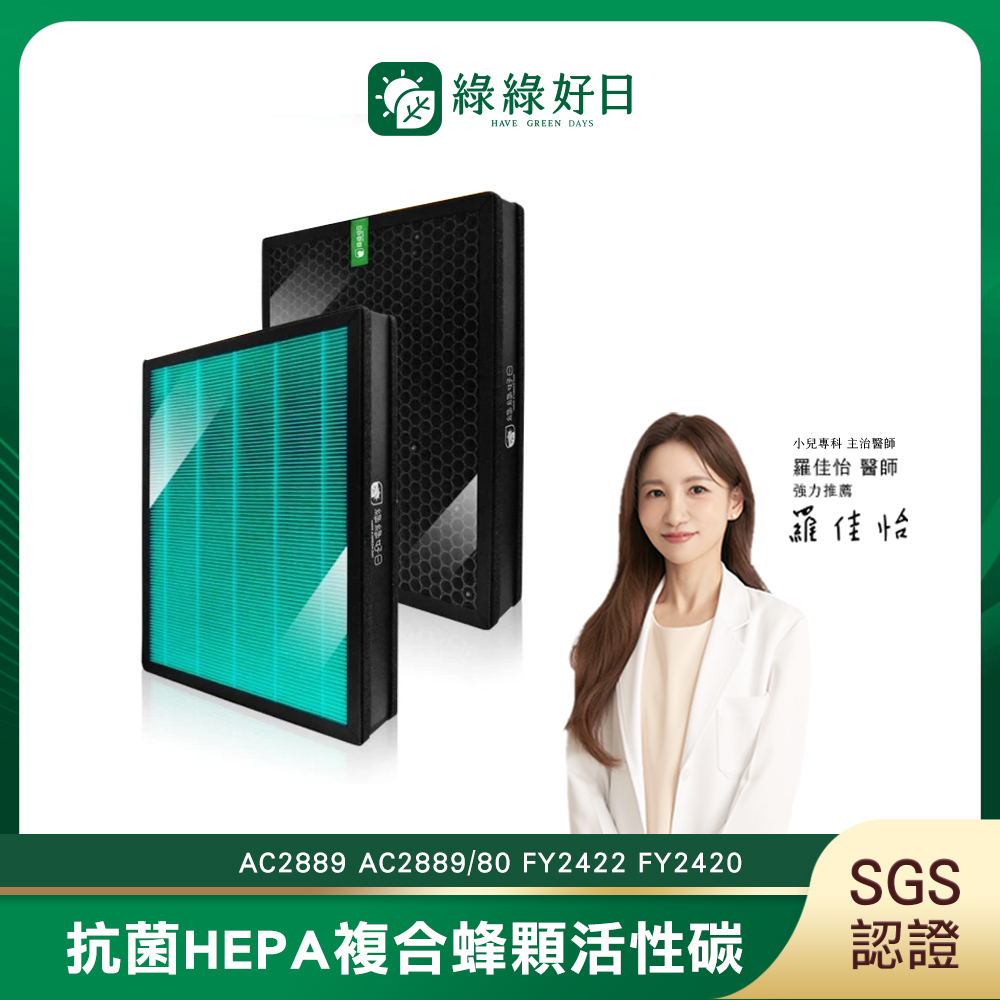 綠綠好日 適用 Philips 飛利浦 AC2889 智能空氣清淨機 複合式HEPA抗菌濾網(濾芯 活性碳濾網)