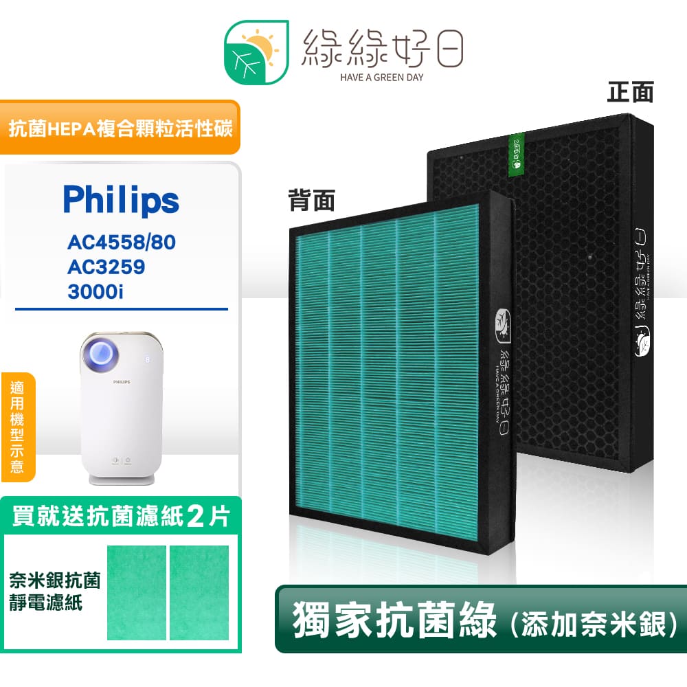 綠綠好日 適用 Philips 飛利浦 AC4558 AC3259 3000i 抗菌 濾網 複合 顆粒活性碳 濾芯