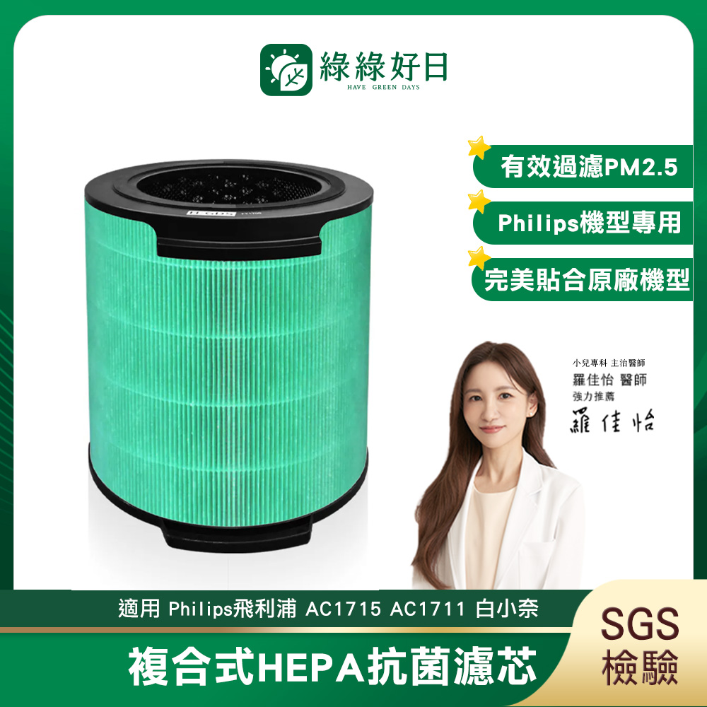 綠綠好日 適用 PHILIPS 飛利浦 AC1715 AC1711/80 白小奈 奈米級空氣清淨FY1700 HEPA抗菌濾芯(濾網 活性碳過濾)