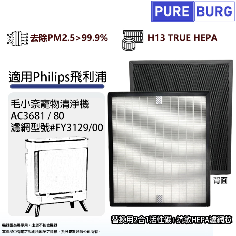 適用Philips飛利浦AC3681/80毛小奈寵物空氣清淨機3合1除臭活性碳+抗敏HEPA濾網濾芯FY3129/00