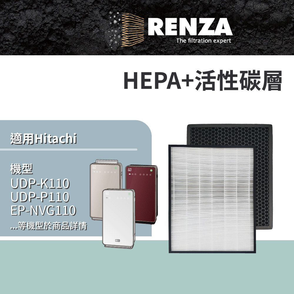 RENZA濾網 適用 Hitachi 日立UDP-K110 EP-MVG110 EP-LVG110空氣清淨機 HEPA +活性碳