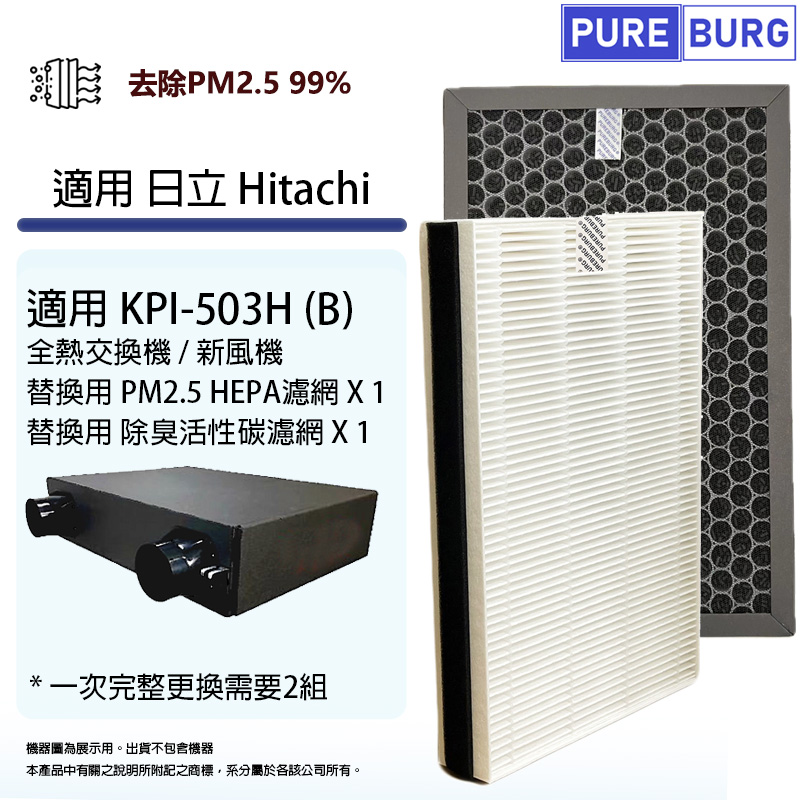 適用Hitachi日立KPI-503H(B)全熱交換器/新風機替換用PM2.5 HEPA濾芯 + 活性碳濾網