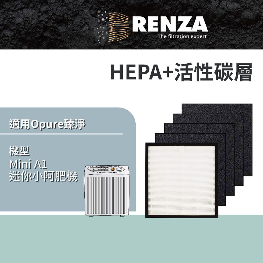 RENZA 適用Opure 臻淨 Mini A1迷你小阿肥機 1片HEPA+4片活性碳濾網 濾芯組