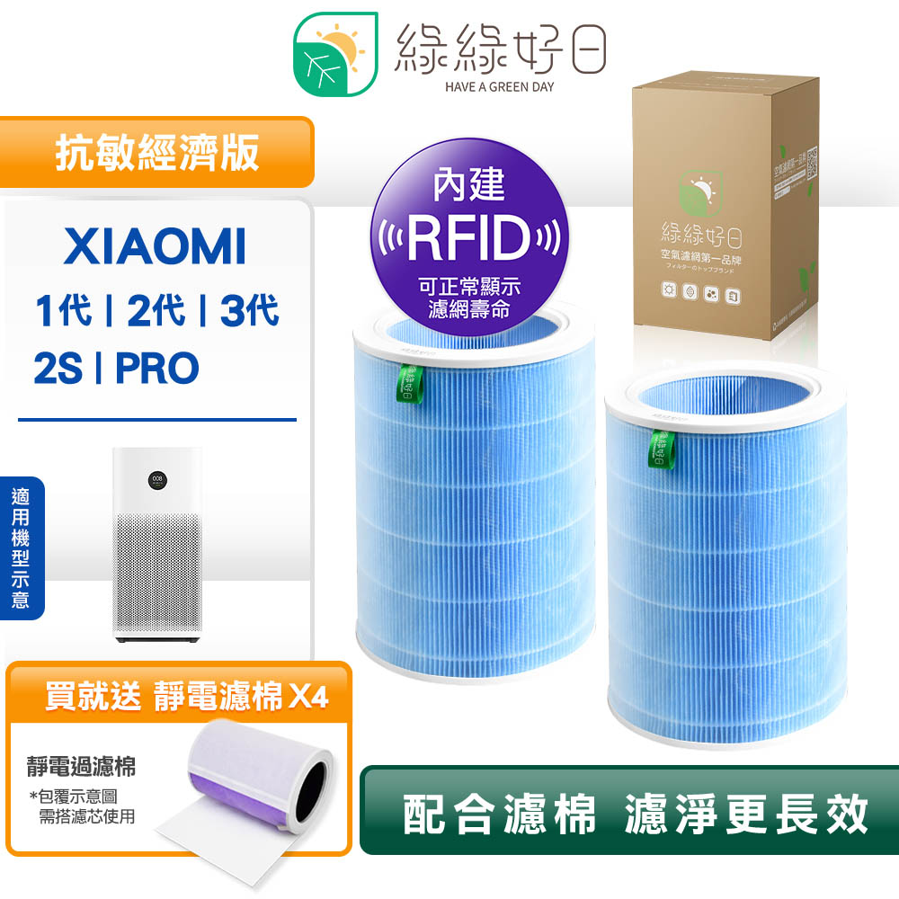 綠綠好日 RFID經濟除臭 小米副廠濾芯濾網 1代2代2S Pro 3代 贈過濾綿 雙入組